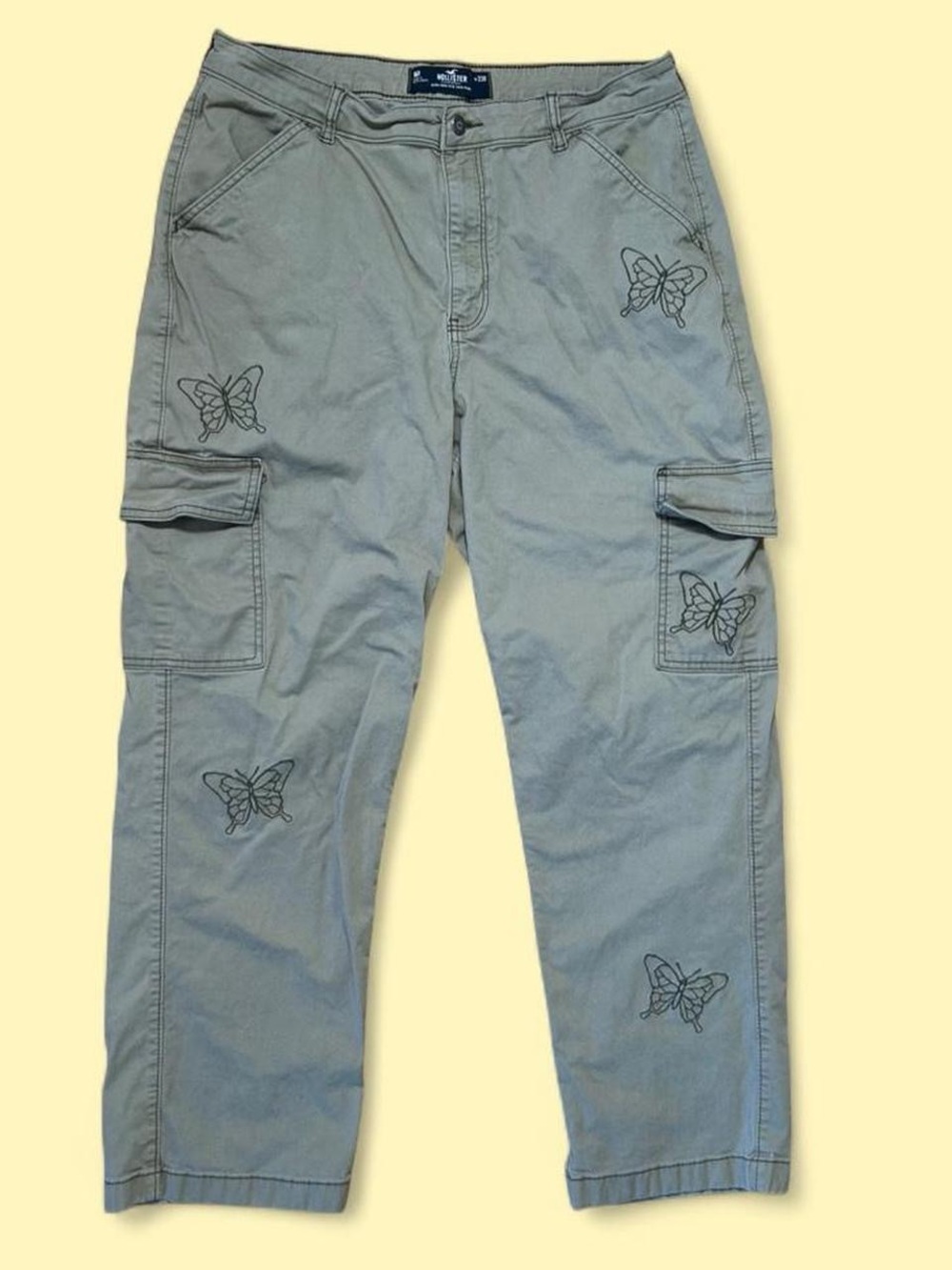 Hollister Olive Gray Cargo Pants with Butterfly Embroidery